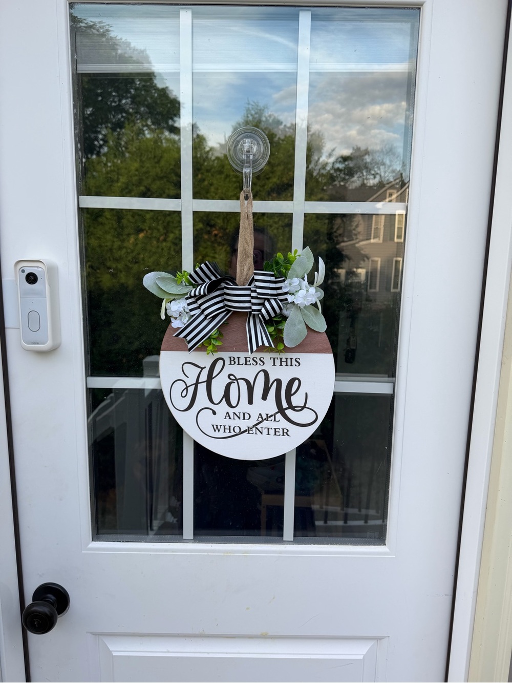 Round 'Bless This Home' Hanging Sign with Striped Bow